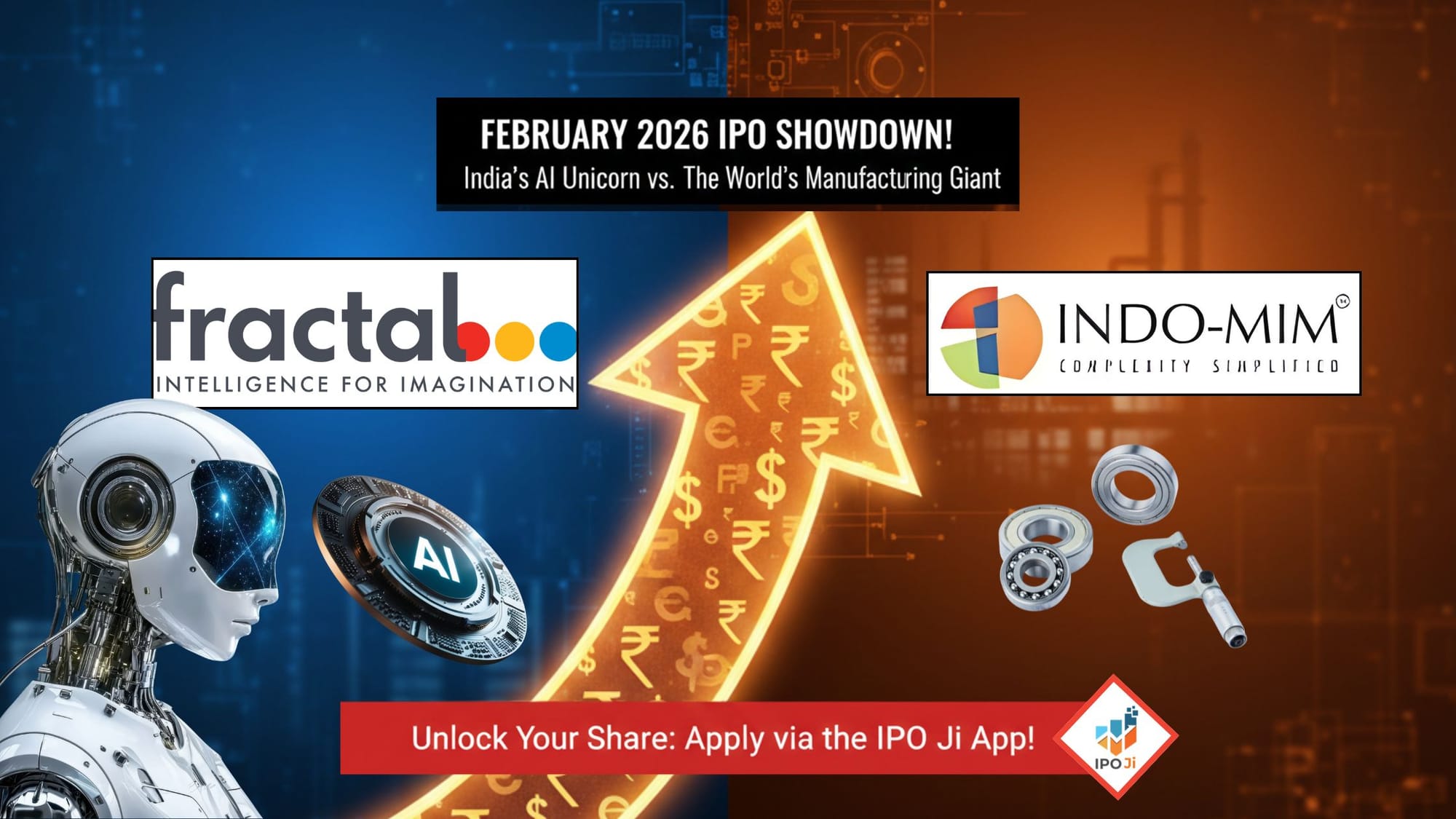 Infographic showing Fractal Analytics ₹2800 crore IPO vs Indo MIM ₹5400 crore IPO Feb 2026.